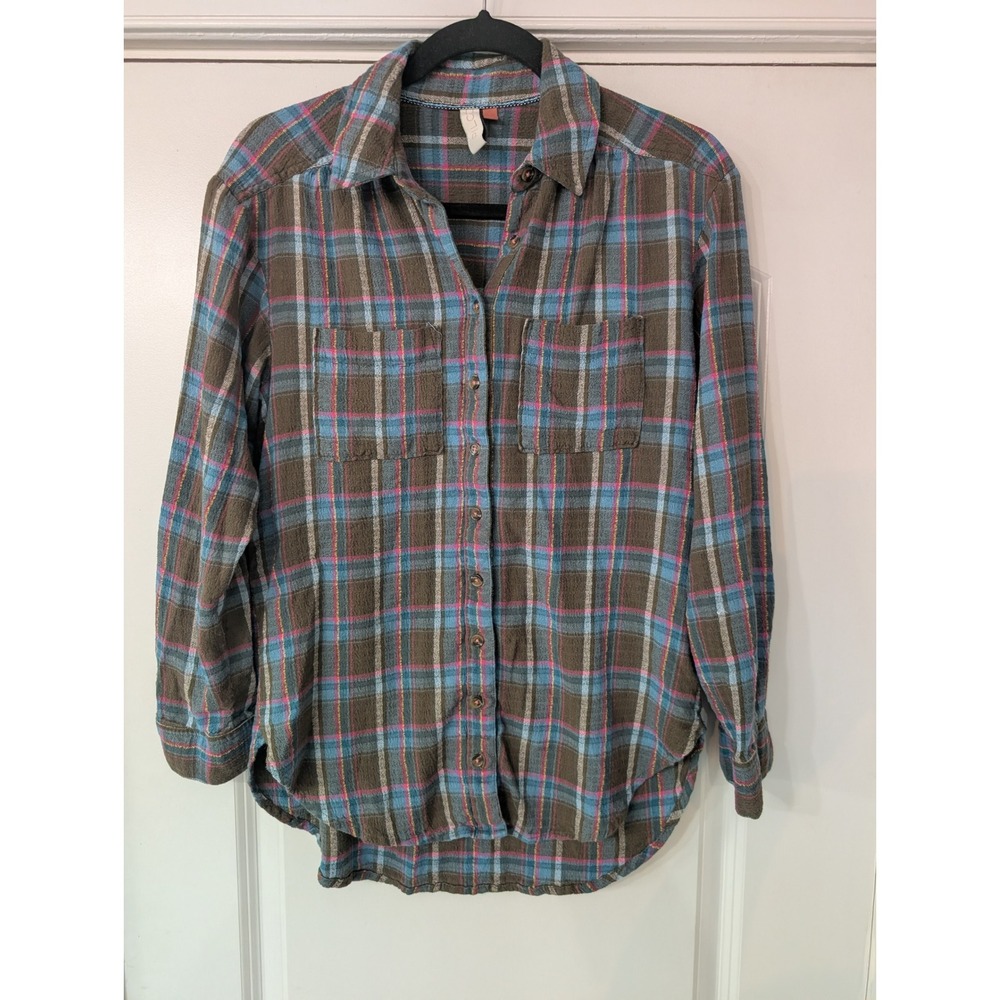 Pilcro Anthropologie Womens‎ XS Plaid Flannel Button Down Shirt Olive oversized